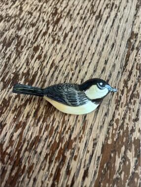 Folk Art Bird Pin Carved Painted Wooden Bird  Chickadee Brooch Artisan Signed